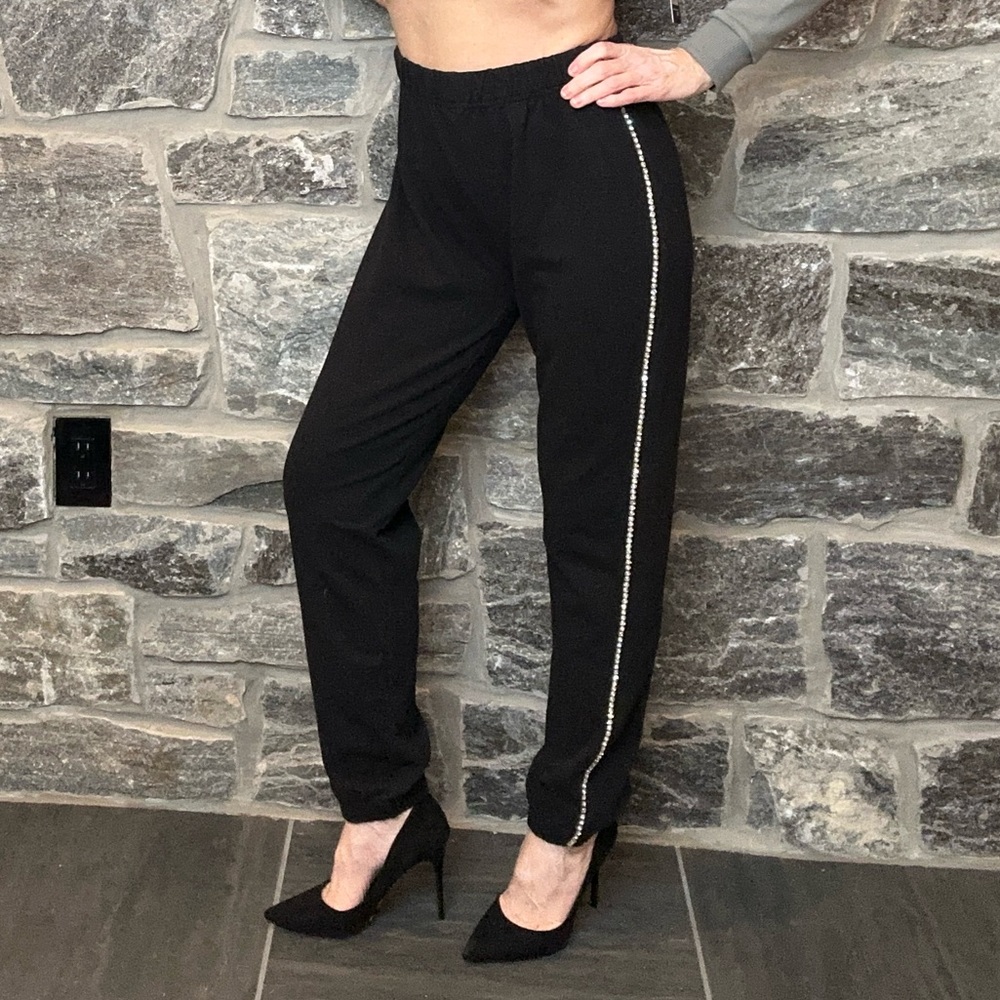 AKIRA Crystal Striped Joggers with Elastic Waist, Black, size Medium